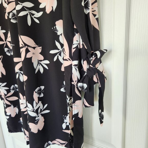 Roz & Ali Black and White Floral Wrap Open Jacket, Lapel Collar, Long Sleeve - Picture 4 of 10